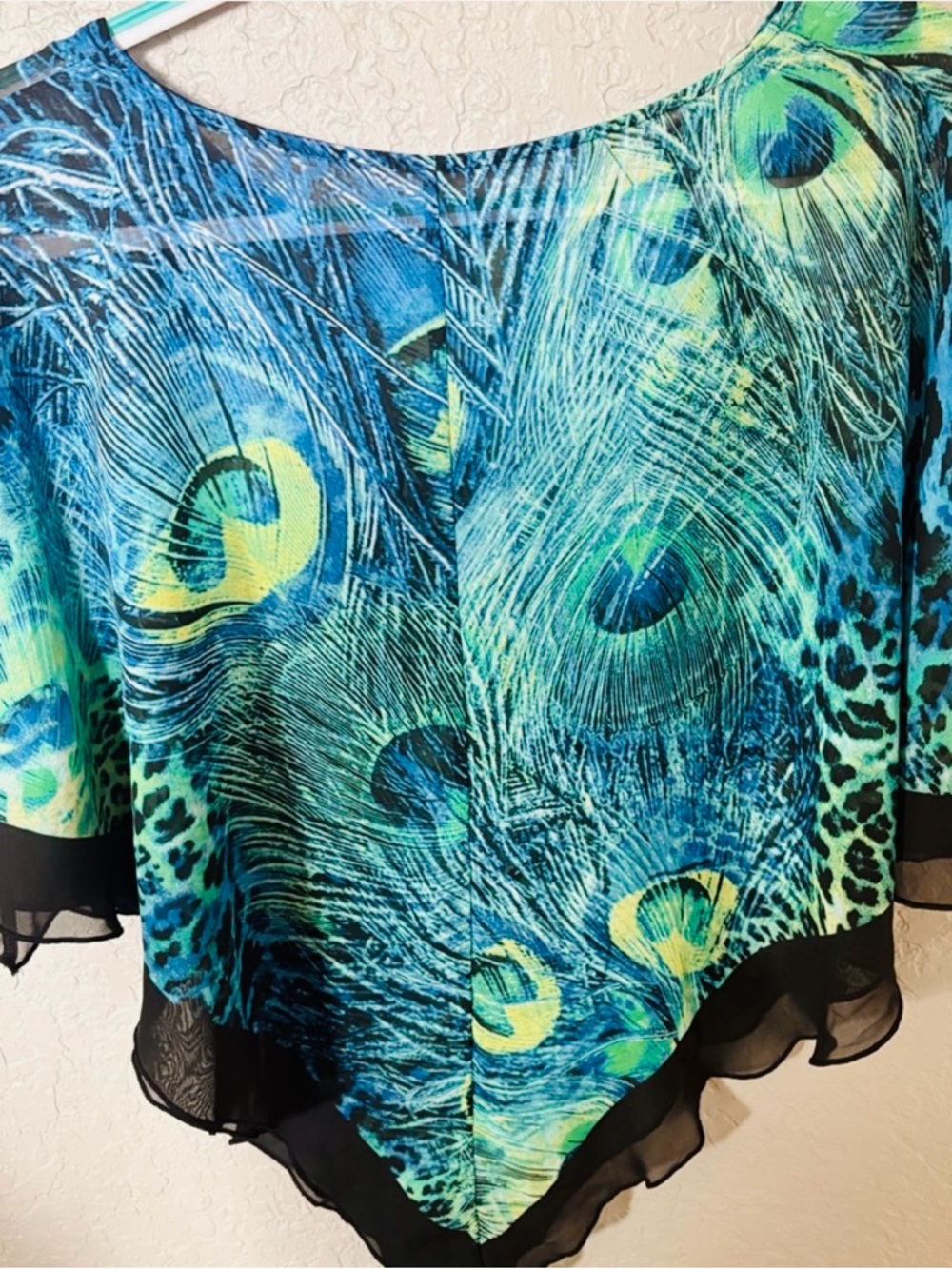 Women's Peacock Print Poncho Blouse - Blue/Green - Picture 2 of 4